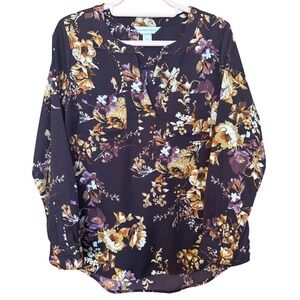Christopher Banks Floral Blouse Women Small Long Sleeve Ruffle Boho Top